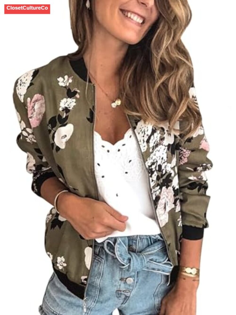 ECOWISH Women's Floral Zip Up Bomber Jacket Lightweight Quilted Casual Coat